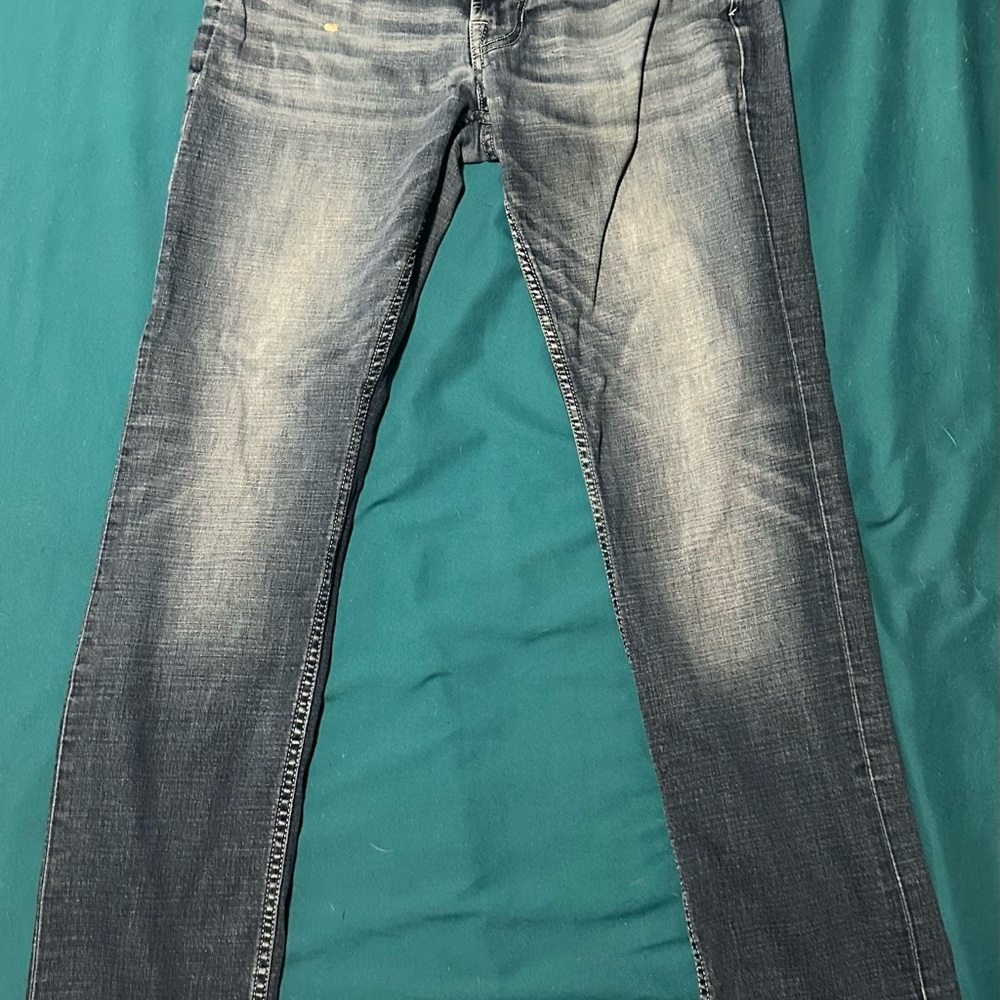 Blue Slim Straight Jeans with Distressed Details